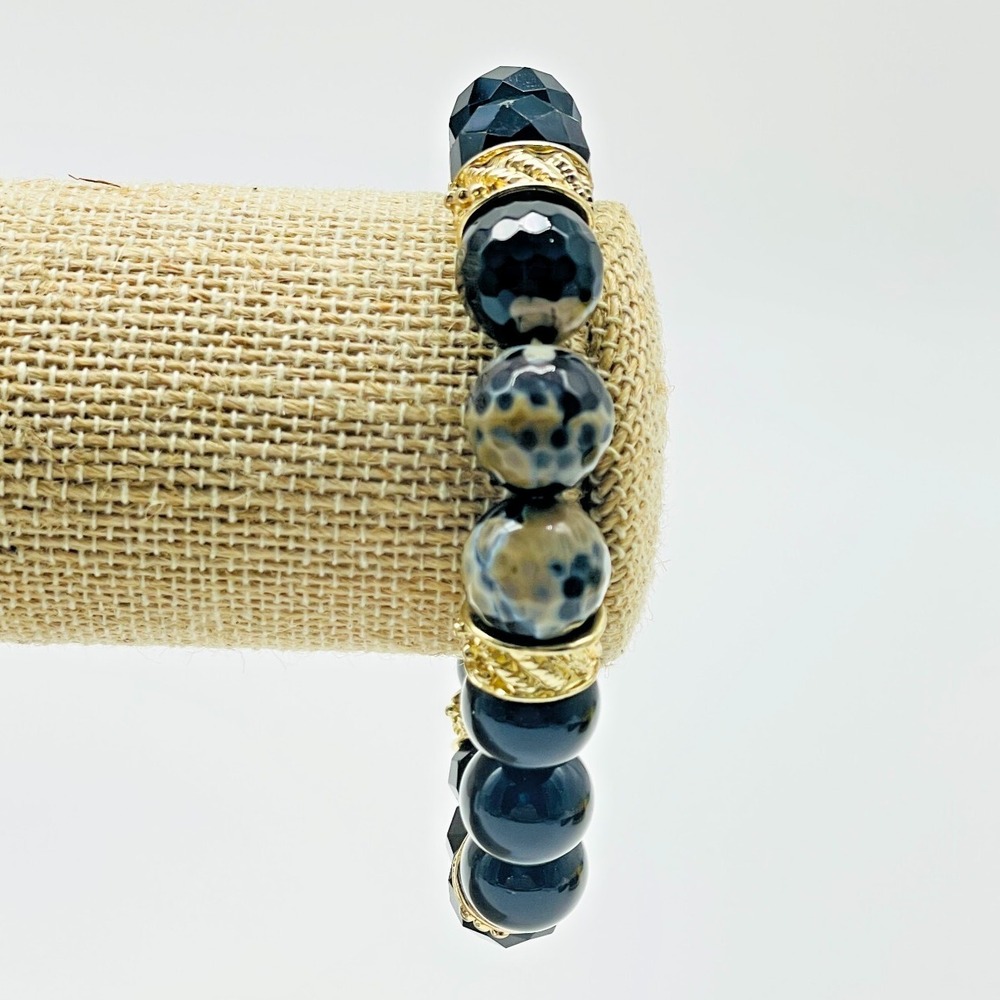 Signed Sequin Black Bead Stretch Bracelet Gold Tone Charm Statement